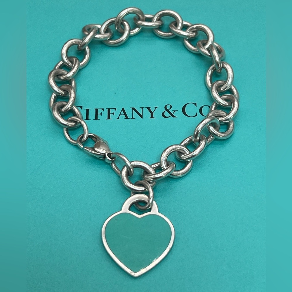 🔴Authentic TIFFANY & CO Silver RTT Blue Enamel Heart Charm Link Bracelet 🔴 - Picture 10 of 14